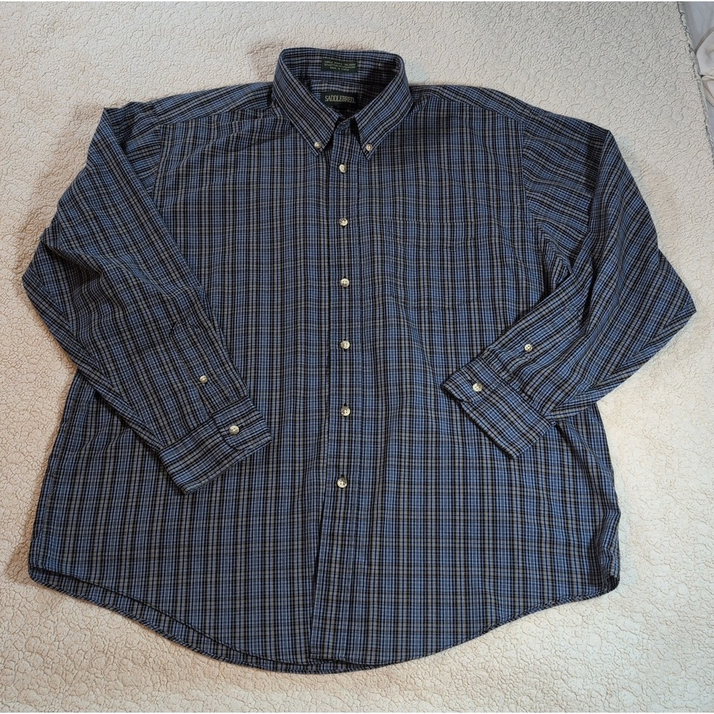 Saddlebred Shirt Mens XL Blue Plaid Single Needle Tailored Long Sleeve Button Up